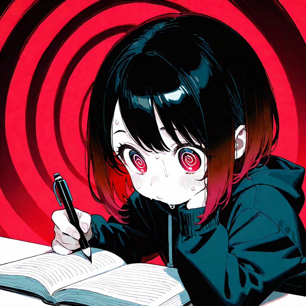 紅色螺旋背景前，黑紅短髮少女拿筆在筆記本上書寫的插畫